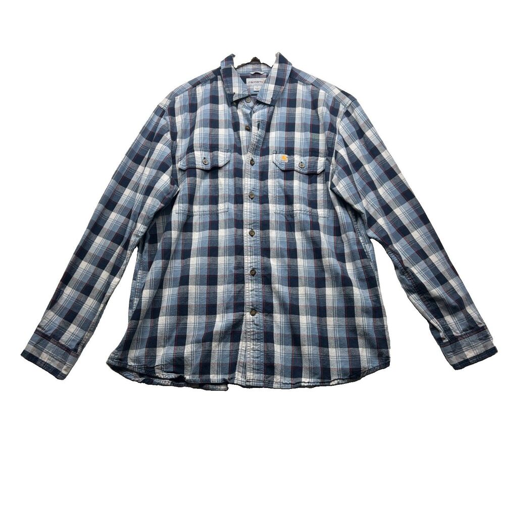 Carhartt Flannel Shirt Mens L Blue Plaid Relaxed Fit Fall 2017 Workwear Cotton